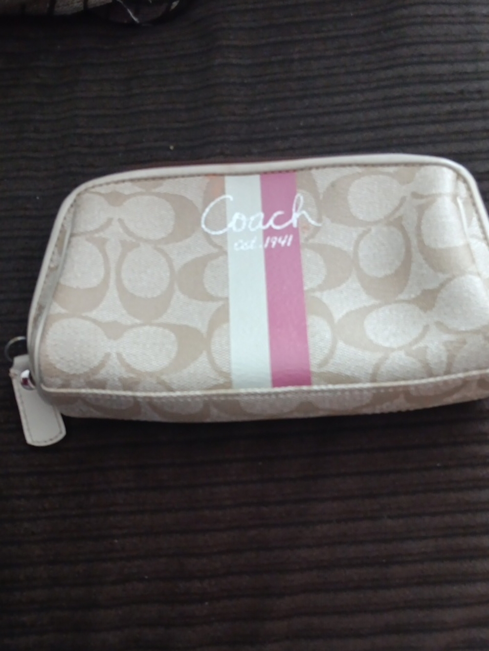Coach Beige Signature Canvas Cosmetic Bag with Pink & Cream Stripe